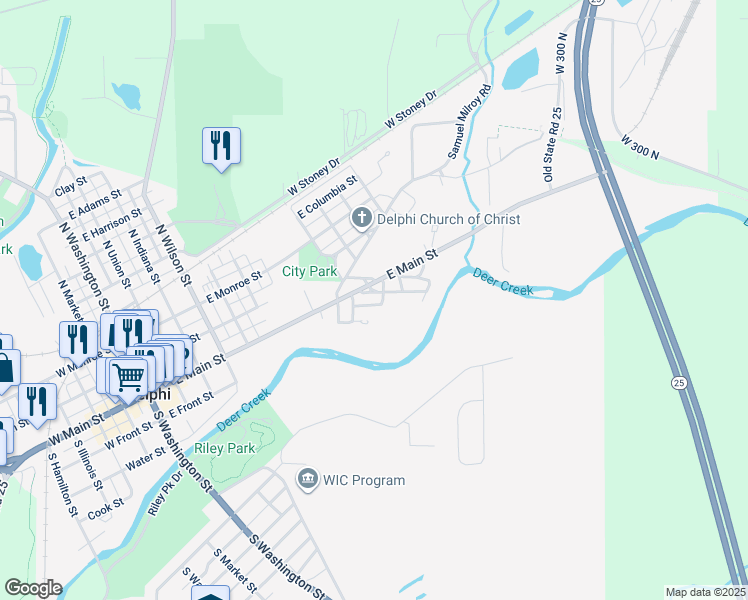 map of restaurants, bars, coffee shops, grocery stores, and more near 745 Mill Street in Delphi
