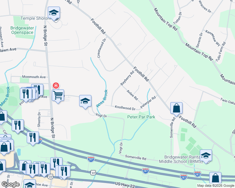 map of restaurants, bars, coffee shops, grocery stores, and more near 456 Bayberry Road in Bridgewater