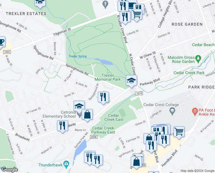 map of restaurants, bars, coffee shops, grocery stores, and more near 194 Springhouse Road in Allentown