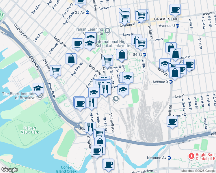 map of restaurants, bars, coffee shops, grocery stores, and more near 2417 Stillwell Avenue in Brooklyn