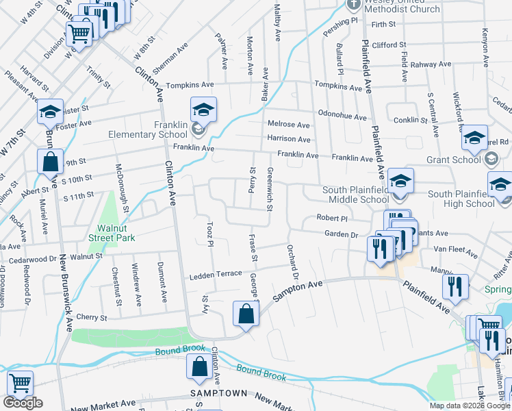 map of restaurants, bars, coffee shops, grocery stores, and more near 1122 Worth Drive in South Plainfield