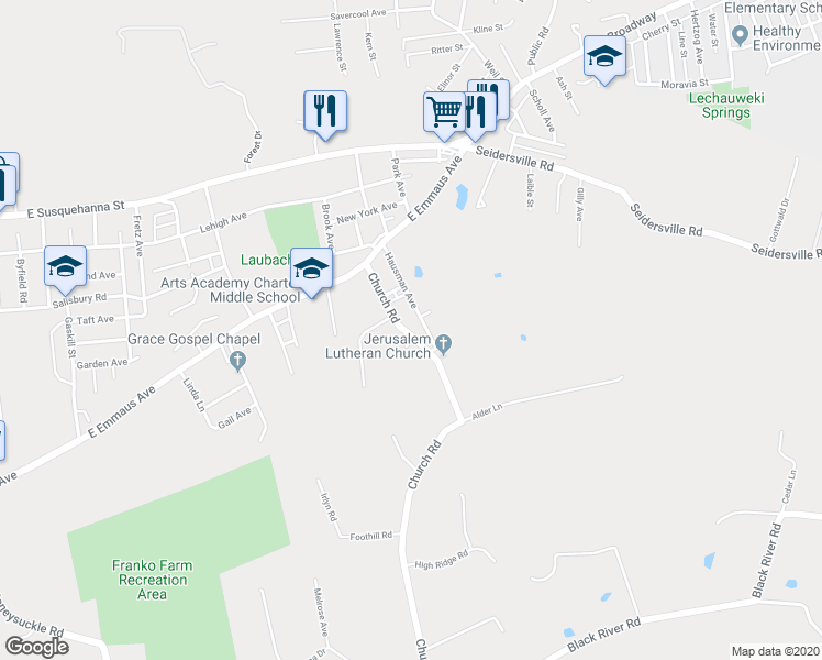 map of restaurants, bars, coffee shops, grocery stores, and more near 1601 Church Road in Allentown
