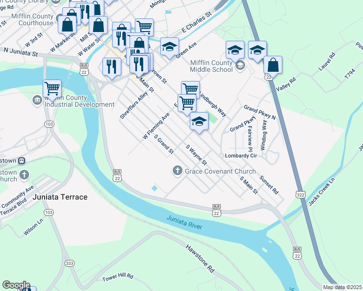 map of restaurants, bars, coffee shops, grocery stores, and more near 600 South Wayne Street in Lewistown