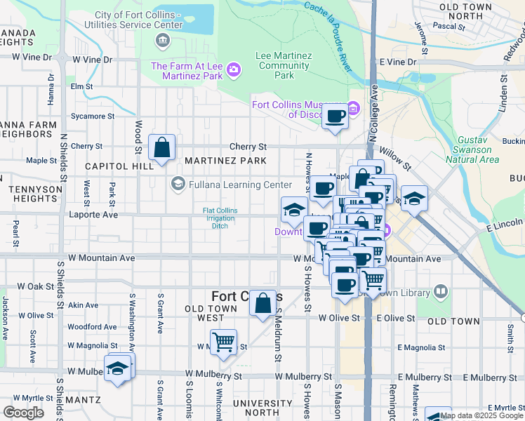 map of restaurants, bars, coffee shops, grocery stores, and more near 420 Laporte Avenue in Fort Collins