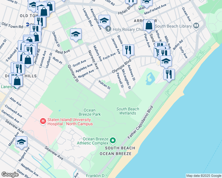 map of restaurants, bars, coffee shops, grocery stores, and more near 25 Patterson Avenue in Staten Island