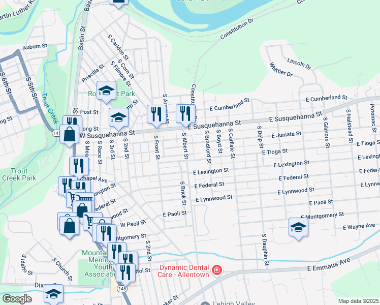 map of restaurants, bars, coffee shops, grocery stores, and more near 1405 South Albert Street in Allentown