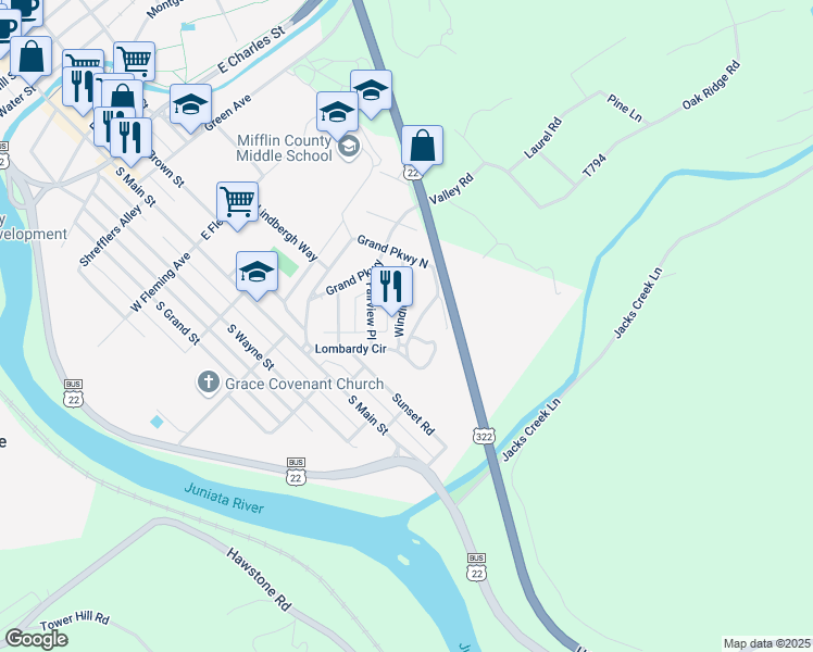 map of restaurants, bars, coffee shops, grocery stores, and more near 4 Winding Way in Lewistown