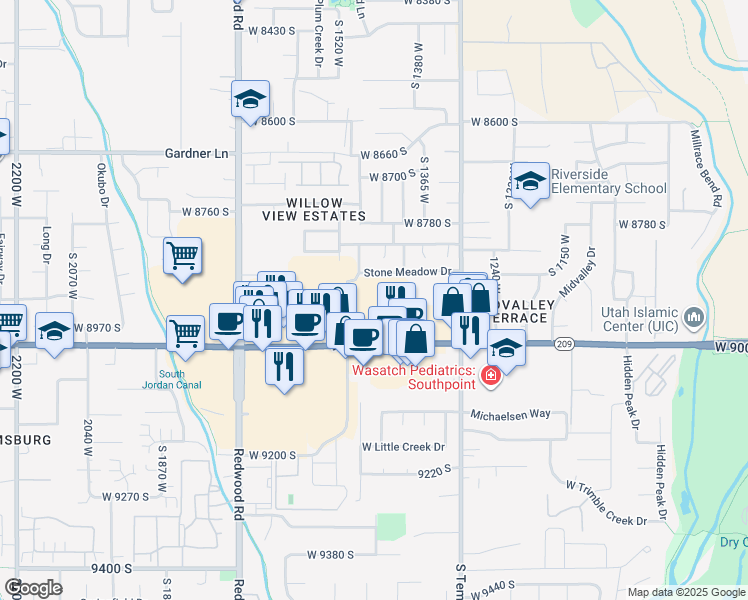 map of restaurants, bars, coffee shops, grocery stores, and more near 1442 9000 South in West Jordan