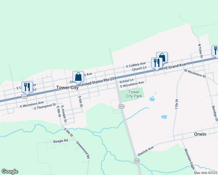 map of restaurants, bars, coffee shops, grocery stores, and more near 917 East Wiconisco Avenue in Tower City