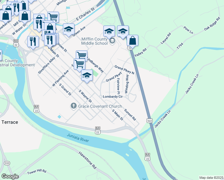 map of restaurants, bars, coffee shops, grocery stores, and more near 10 Edgewood Place in Lewistown
