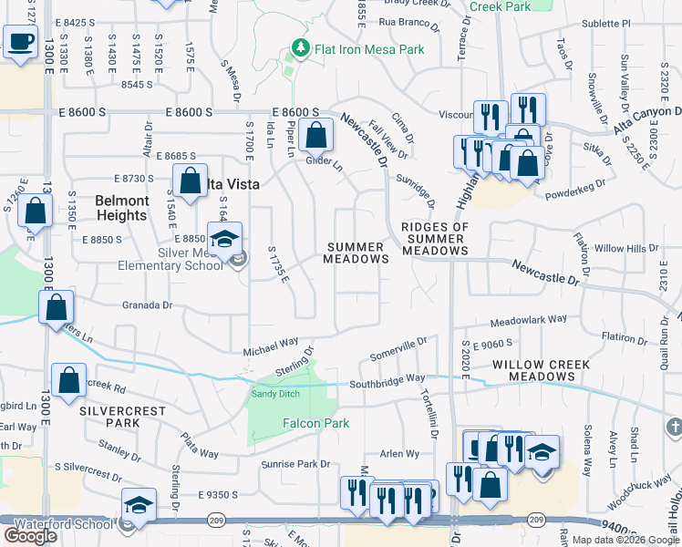 map of restaurants, bars, coffee shops, grocery stores, and more near 8921 Shady Meadow Drive in Sandy