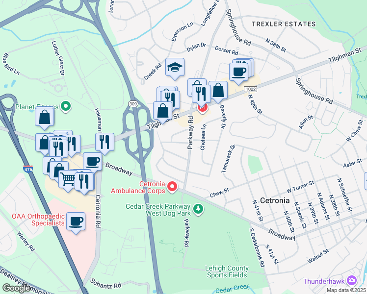 map of restaurants, bars, coffee shops, grocery stores, and more near 4216 Oakleigh Road in Allentown