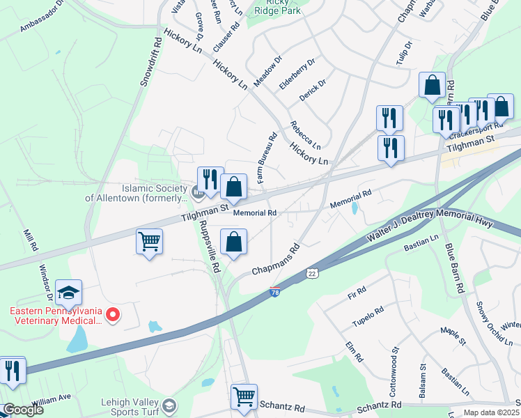 map of restaurants, bars, coffee shops, grocery stores, and more near 6427 Memorial Road in Allentown