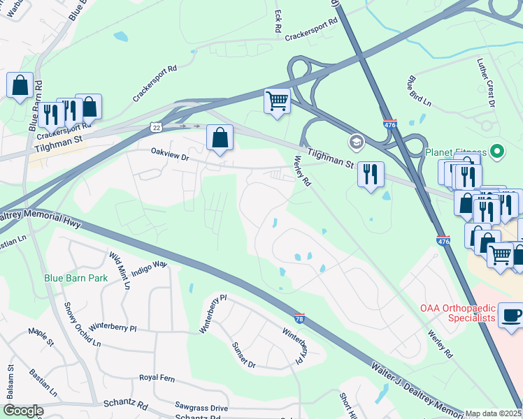 map of restaurants, bars, coffee shops, grocery stores, and more near 5265 Rockrose Lane in Allentown