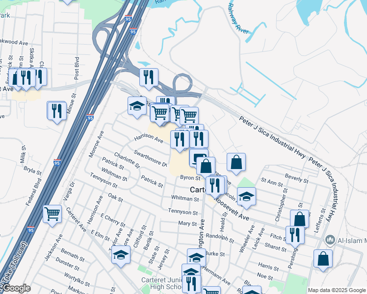 map of restaurants, bars, coffee shops, grocery stores, and more near 801 Roosevelt Avenue in Carteret