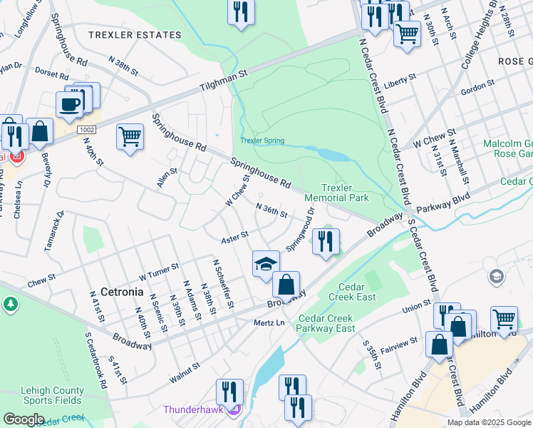 map of restaurants, bars, coffee shops, grocery stores, and more near 208 North 36th Street in Allentown