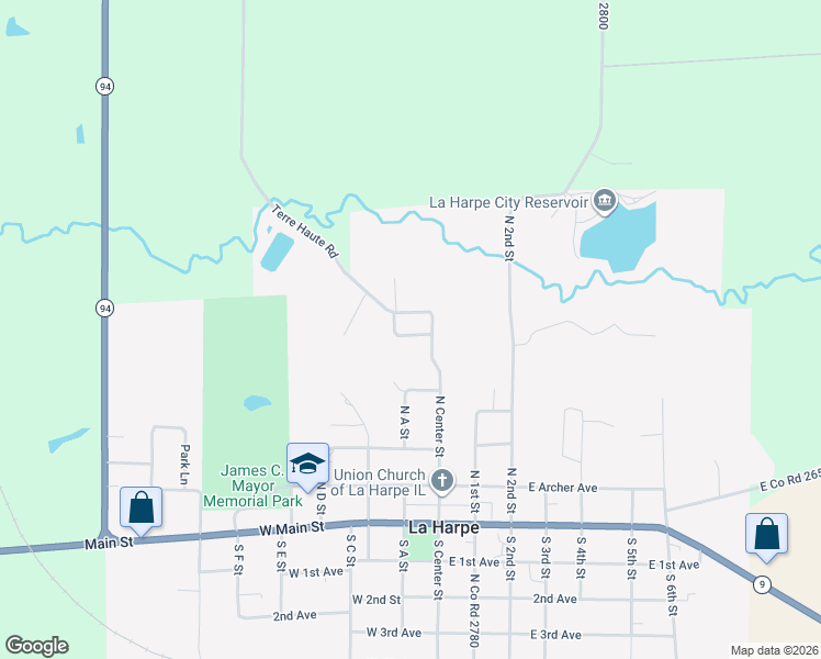 map of restaurants, bars, coffee shops, grocery stores, and more near 901-911 North Center Street in La Harpe