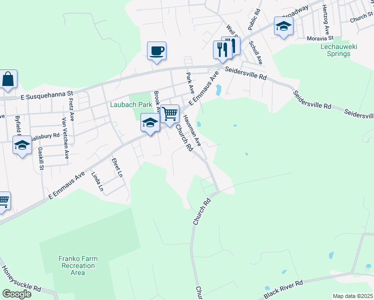 map of restaurants, bars, coffee shops, grocery stores, and more near 1544 Church Road in Allentown
