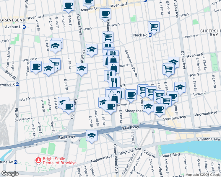 map of restaurants, bars, coffee shops, grocery stores, and more near 2733 Coney Island Avenue in Brooklyn