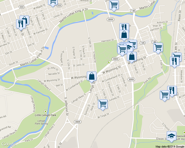 map of restaurants, bars, coffee shops, grocery stores, and more near 1003 West Wyoming Street in Allentown