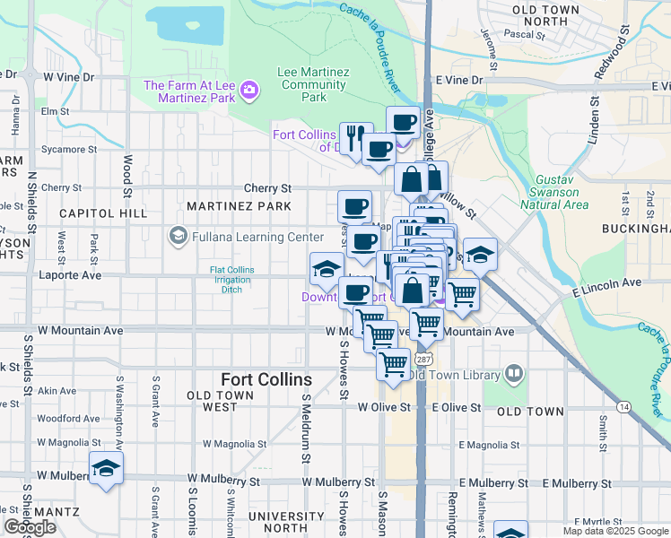 map of restaurants, bars, coffee shops, grocery stores, and more near 300 Laporte Avenue in Fort Collins