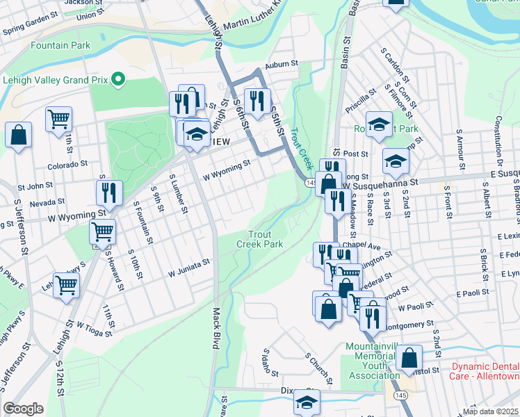 map of restaurants, bars, coffee shops, grocery stores, and more near 1201 South 7th Street in Allentown