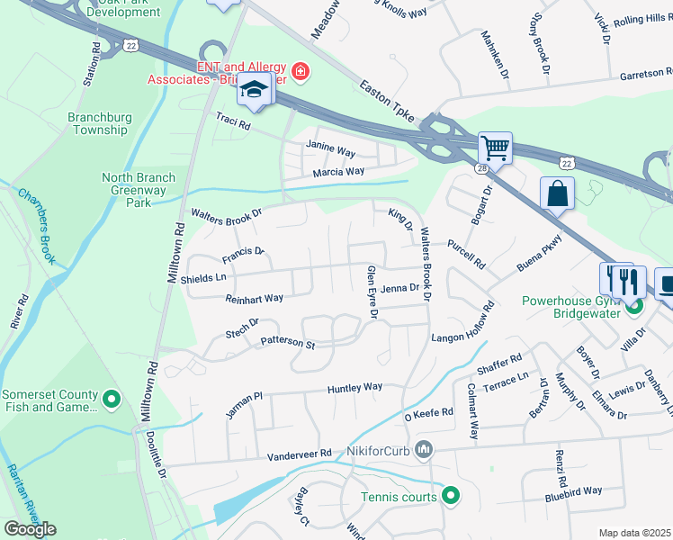 map of restaurants, bars, coffee shops, grocery stores, and more near 21 Schaal Street in Bridgewater Township