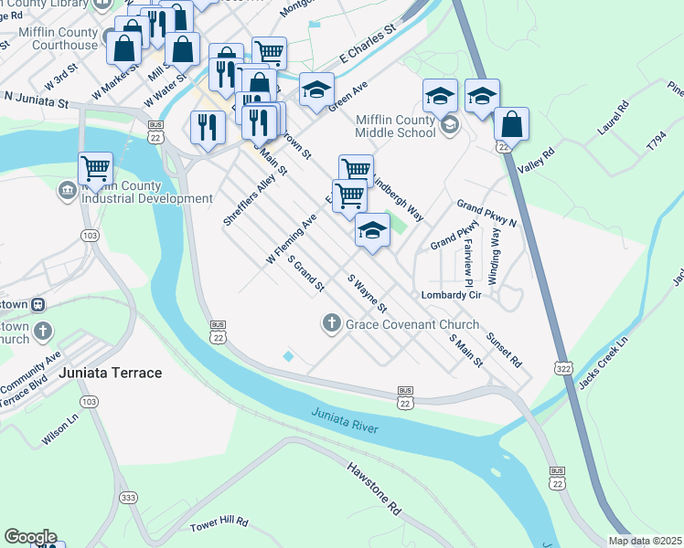 map of restaurants, bars, coffee shops, grocery stores, and more near 600 South Wayne Street in Lewistown