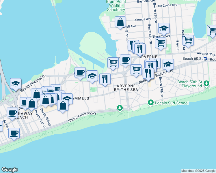 map of restaurants, bars, coffee shops, grocery stores, and more near Beach 76th Street in Queens