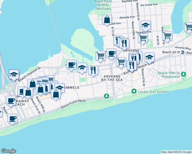 map of restaurants, bars, coffee shops, grocery stores, and more near Aquatic Drive in Queens