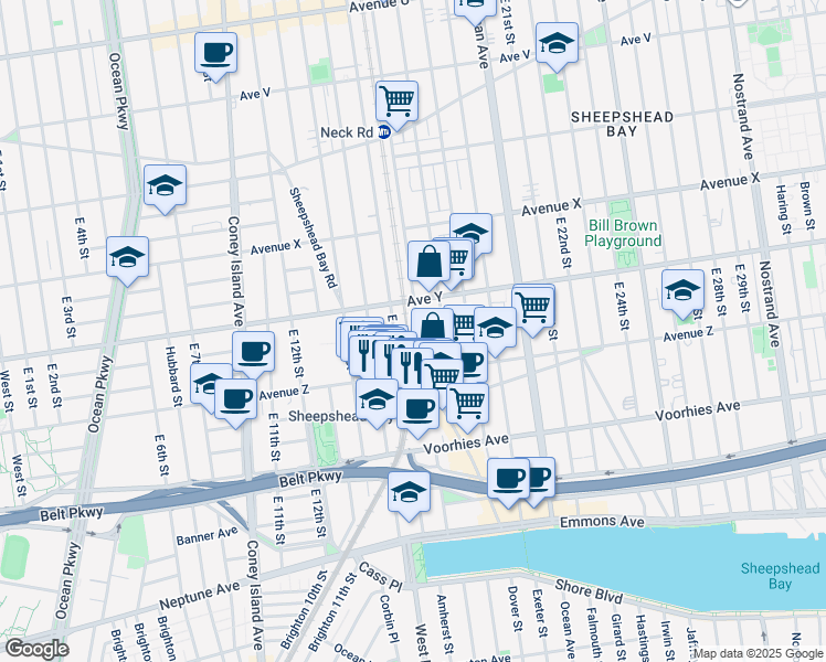 map of restaurants, bars, coffee shops, grocery stores, and more near 2507 East 15th Street in Brooklyn