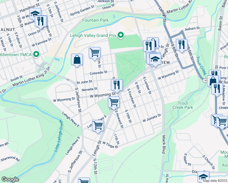 map of restaurants, bars, coffee shops, grocery stores, and more near 1003 West Wyoming Street in Allentown