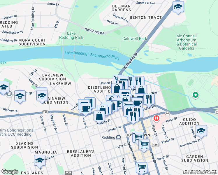 map of restaurants, bars, coffee shops, grocery stores, and more near 1030 California Street in Redding