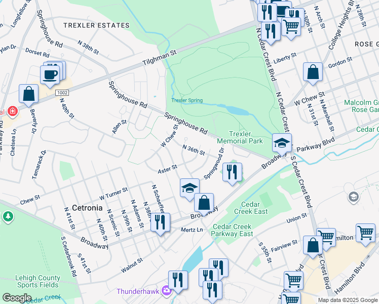 map of restaurants, bars, coffee shops, grocery stores, and more near 208 North 36th Street in Allentown