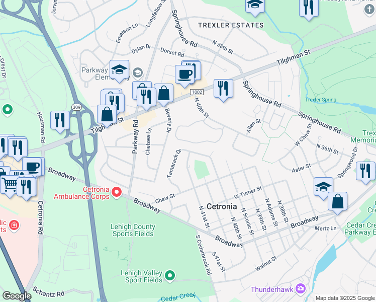 map of restaurants, bars, coffee shops, grocery stores, and more near 446 Tamarack Drive in Allentown