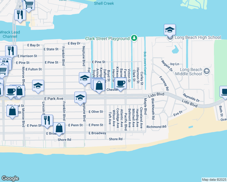 map of restaurants, bars, coffee shops, grocery stores, and more near 10 Heron Street in Long Beach