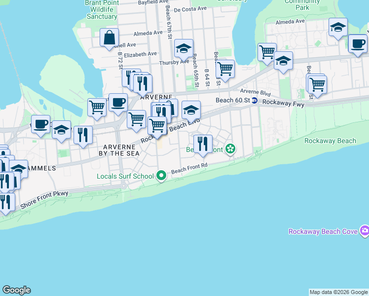 map of restaurants, bars, coffee shops, grocery stores, and more near Surf Avenue in Queens
