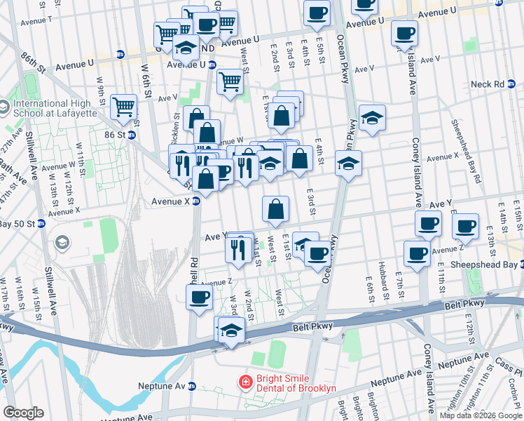 map of restaurants, bars, coffee shops, grocery stores, and more near 2415 West 1st Street in Brooklyn