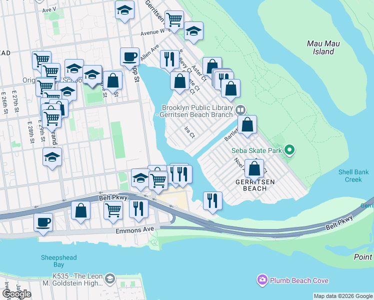 map of restaurants, bars, coffee shops, grocery stores, and more near 12 Knight Court in Brooklyn