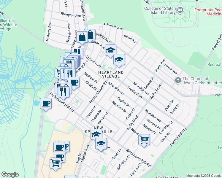 map of restaurants, bars, coffee shops, grocery stores, and more near 687 Klondike Avenue in Staten Island