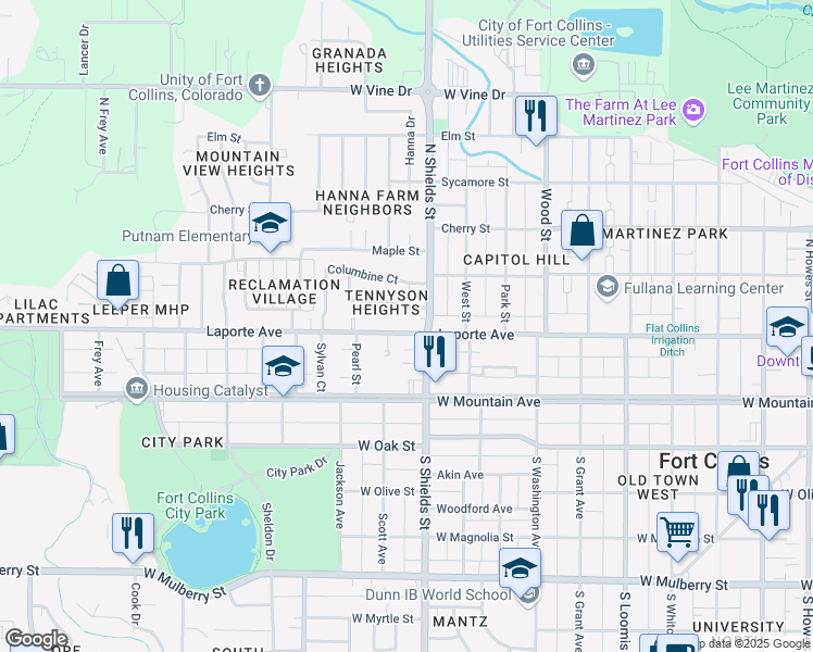 map of restaurants, bars, coffee shops, grocery stores, and more near 215 North Shields Street in Fort Collins