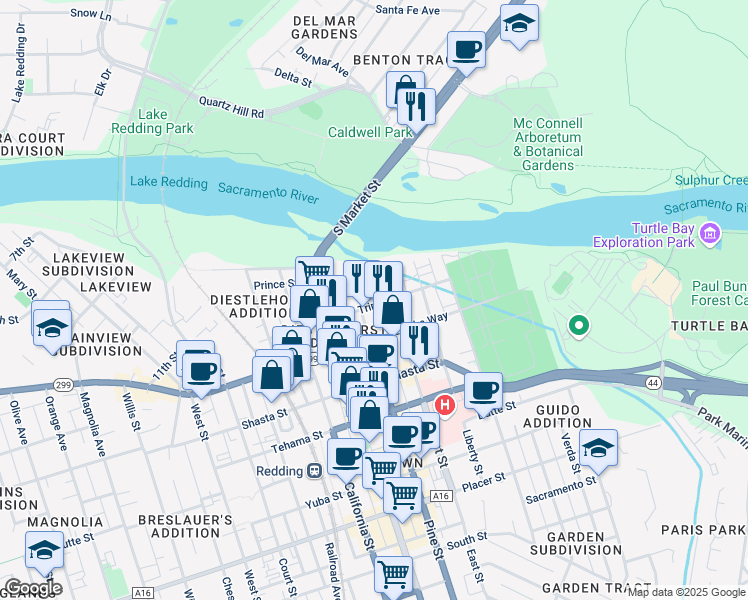 map of restaurants, bars, coffee shops, grocery stores, and more near 1046 East Street in Redding