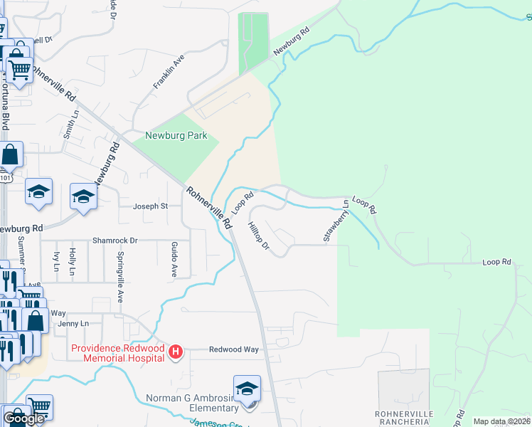 map of restaurants, bars, coffee shops, grocery stores, and more near 397 Hilltop Drive in Fortuna