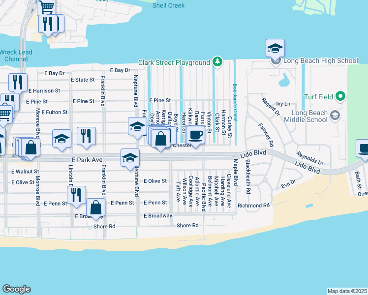 map of restaurants, bars, coffee shops, grocery stores, and more near 10 Heron Street in Long Beach