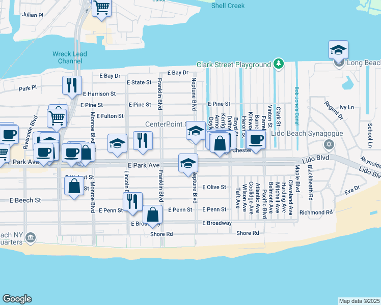 map of restaurants, bars, coffee shops, grocery stores, and more near 455 Neptune Boulevard in Long Beach