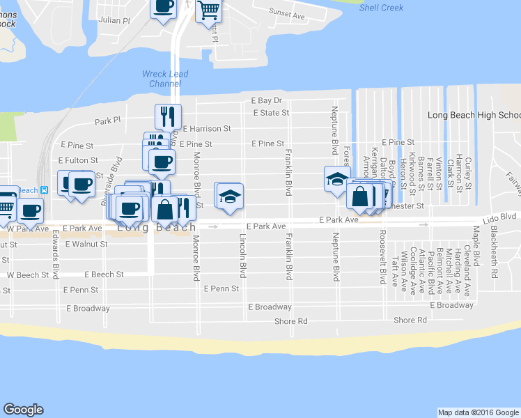 map of restaurants, bars, coffee shops, grocery stores, and more near 426 East Market Street in Long Beach