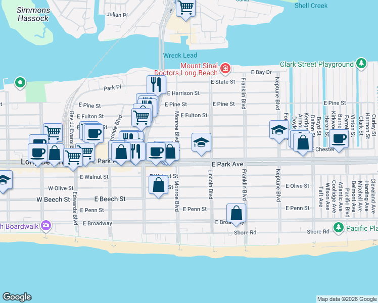 map of restaurants, bars, coffee shops, grocery stores, and more near 320 East Market Street in Long Beach