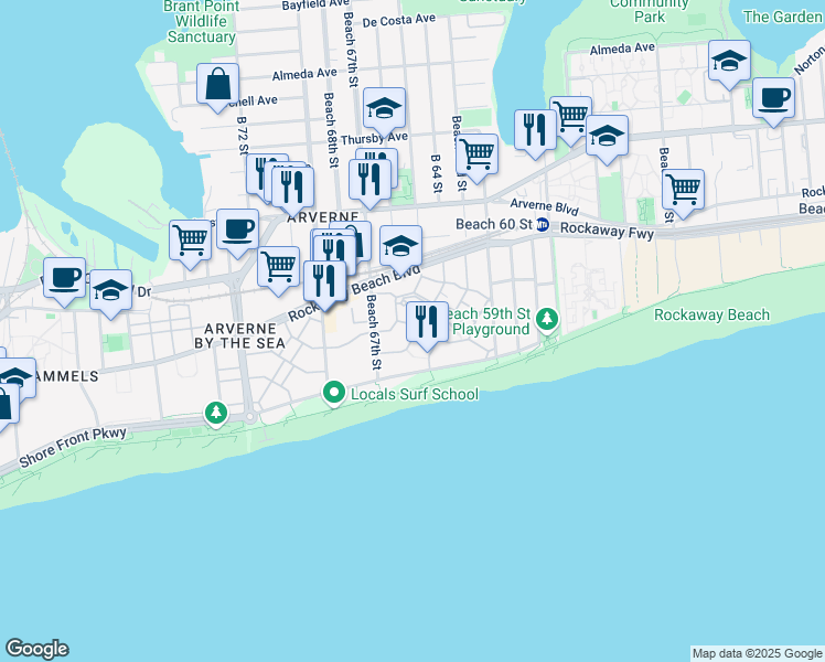 map of restaurants, bars, coffee shops, grocery stores, and more near 6505 Ocean Avenue North in Queens