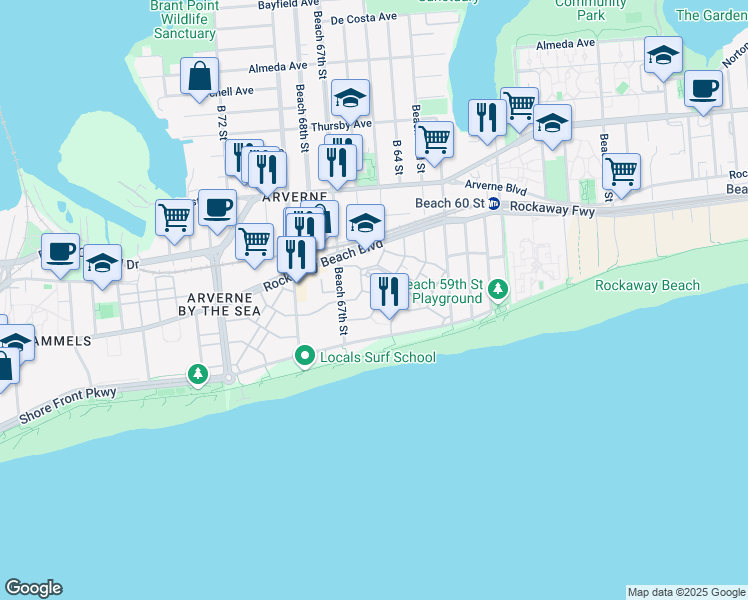 map of restaurants, bars, coffee shops, grocery stores, and more near 6505 Ocean Avenue North in Queens