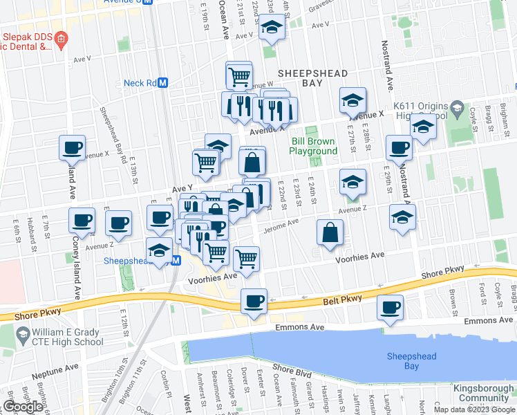 map of restaurants, bars, coffee shops, grocery stores, and more near 2555 East 21st Street in Brooklyn